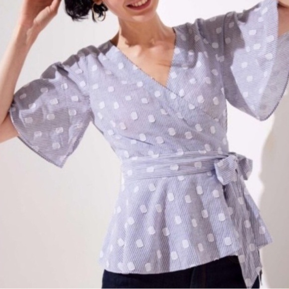 Loft | Striped Peplum Wrap Top with Dots - Picture 1 of 15